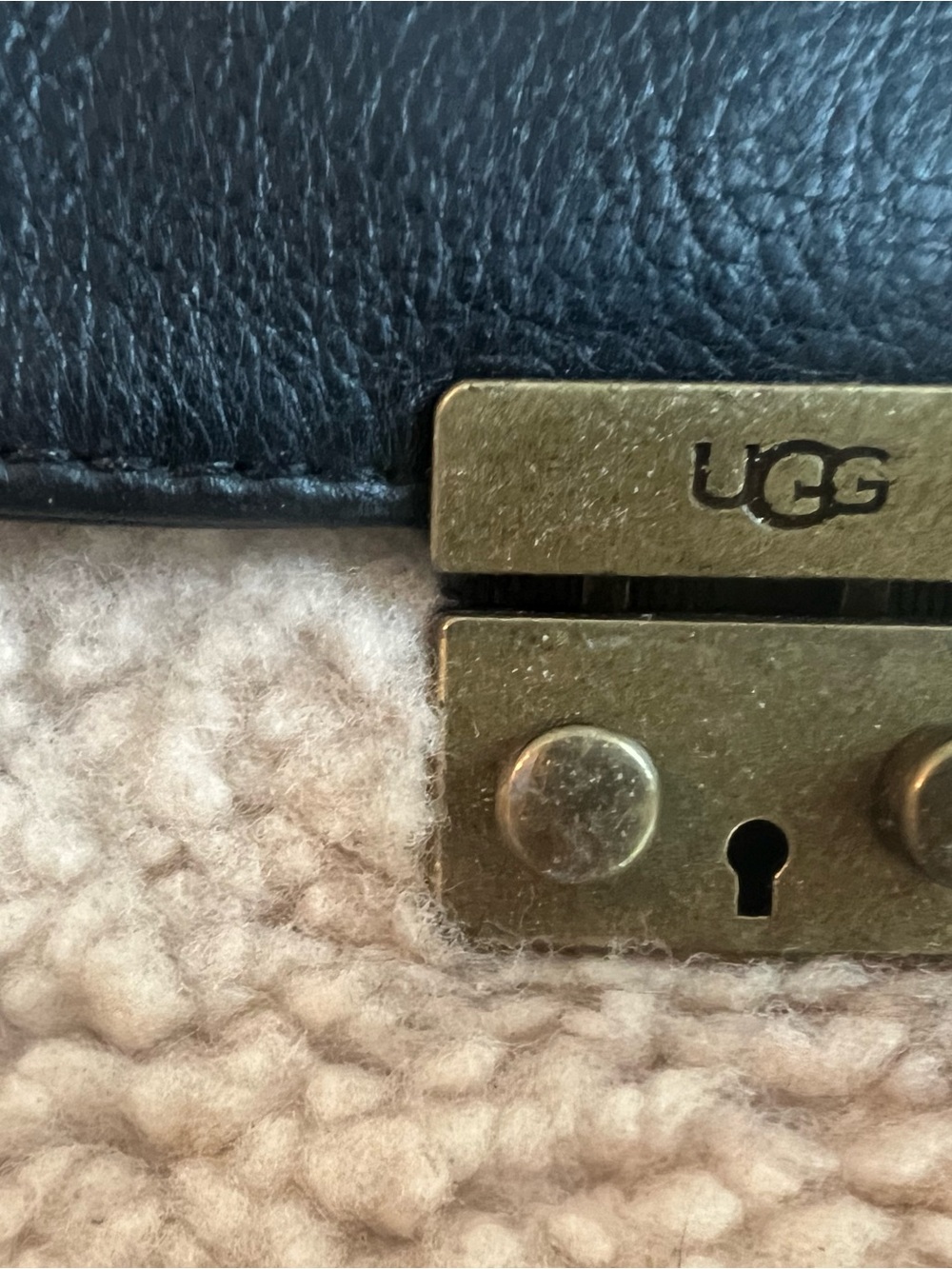UGG Black Leather and Cream Shearling Crossbody with Brass Hardware